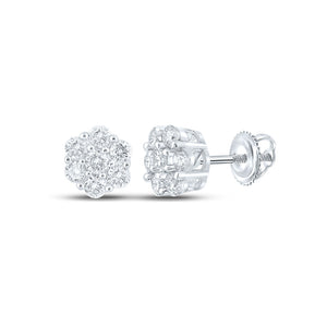 14kt White Gold Round Diamond Flower Cluster Earrings 3/4 Cttw