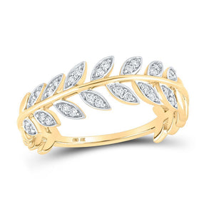 10kt Yellow Gold Womens Round Diamond Vine Leaf Stackable Band Ring 1/8 Cttw