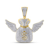 10kt Yellow Gold Mens Round Diamond Money Bag Wings Charm Pendant 1-1/2 Cttw