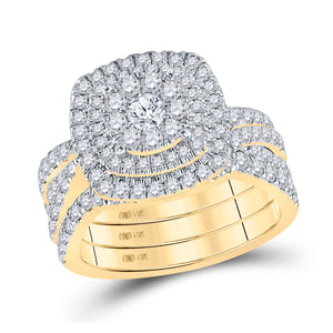 10kt Yellow Gold Round Diamond 3-Pc Halo Bridal Wedding Ring Band Set 2 Cttw