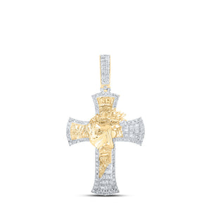 10kt Yellow Gold Mens Baguette Diamond Jesus Face Cross Charm Pendant 1 Cttw