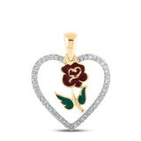 10kt Yellow Gold Womens Round Diamond Rose Heart Pendant 1/8 Cttw