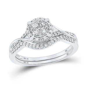 10kt White Gold Round Diamond Cluster Bridal Wedding Ring Band Set 3/8 Cttw