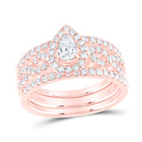14kt Rose Gold Pear Diamond 3-Piece Bridal Wedding Ring Band Set 7/8 Cttw