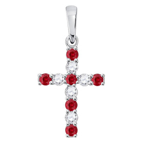 10kt White Gold Womens Round Synthetic Ruby Faith Cross Pendant 3/8 Cttw
