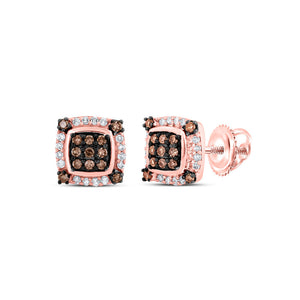 10kt Rose Gold Womens Round Brown Diamond Square Earrings 1/4 Cttw
