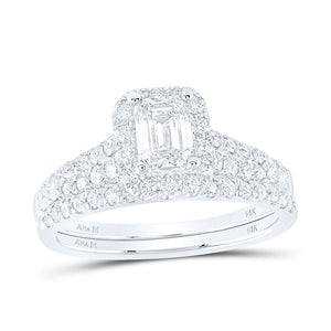 14kt White Gold Emerald Diamond Halo Bridal Wedding Ring Band Set 1-1/2 Cttw