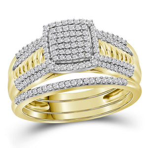 10kt Yellow Gold Round Diamond Cluster Bridal Wedding Ring Band Set 3/8 Cttw