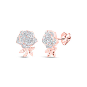 10kt Rose Gold Womens Round Diamond Rose Flower Earrings 1/3 Cttw