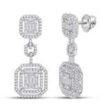 14kt White Gold Womens Baguette Diamond Octagon Dangle Earrings 1-1/2 Cttw