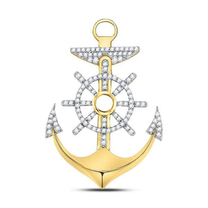 10kt Yellow Gold Mens Round Diamond Anchor Wheel Nautical Charm Pendant 1-1/5 Cttw