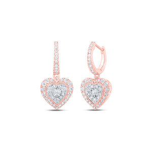 10kt Rose Gold Womens Round Diamond Heart Dangle Earrings 5/8 Cttw
