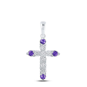 10kt White Gold Womens Round Synthetic Amethyst Cross Pendant 1/2 Cttw