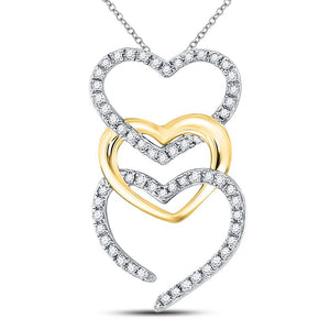 10kt Two-tone Gold Womens Round Diamond Triple Cascading Heart Pendant 1/6 Cttw