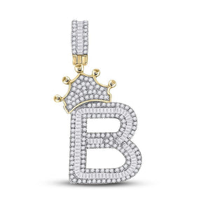 10kt Yellow Gold Mens Baguette Diamond Crown B Letter Charm Pendant 1 Cttw