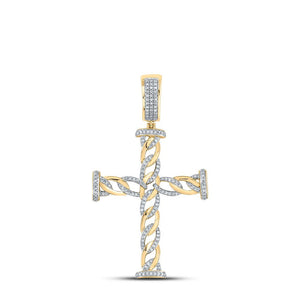 10kt Yellow Gold Mens Round Diamond Cuban Link Cross Charm Pendant 3/8 Cttw