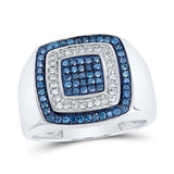 10kt White Gold Mens Round Blue Color Treated Diamond Square Ring 3/4 Cttw