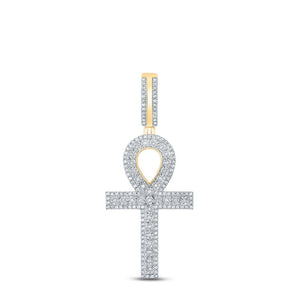 10kt Yellow Gold Mens Round Diamond Ankh Cross Charm Pendant 3/8 Cttw