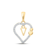 10kt Yellow Gold Womens Round Diamond V Heart Letter Pendant 1/10 Cttw