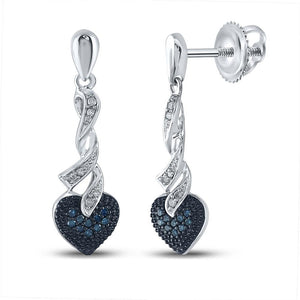 Sterling Silver Womens Round Blue Color Enhanced Diamond Heart Dangle Earrings 1/5 Cttw