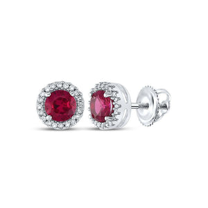 10kt White Gold Womens Round Synthetic Ruby Diamond Stud Earrings 1-1/3 Cttw
