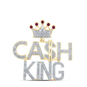 10kt Yellow Gold Mens Round Ruby Diamond Cash King Phrase Charm Pendant 3-3/4 Cttw