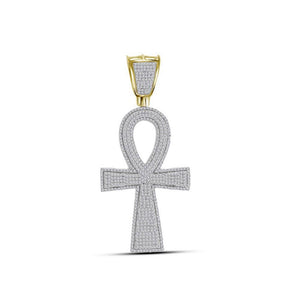 10kt Yellow Gold Mens Round Diamond Ankh Cross Charm Pendant 1-1/2 Cttw