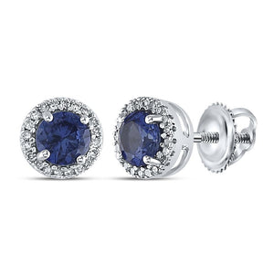 Sterling Silver Womens Round Synthetic Blue Sapphire Stud Earrings 1-1/2 Cttw