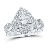 14kt White Gold Pear Diamond Halo Bridal Wedding Ring Band Set 1-1/4 Cttw