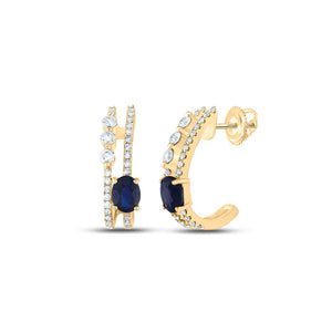 14kt Yellow Gold Womens Oval Blue Sapphire Diamond J Hoop Earrings 3/4 Cttw