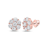 10kt Rose Gold Round Diamond Flower Cluster Earrings 7/8 Cttw