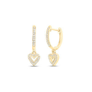 10kt Yellow Gold Womens Round Diamond Heart Hoop Dangle Earrings 1/6 Cttw