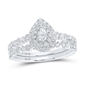 10kt White Gold Pear Diamond Halo Bridal Wedding Ring Band Set 3/8 Cttw
