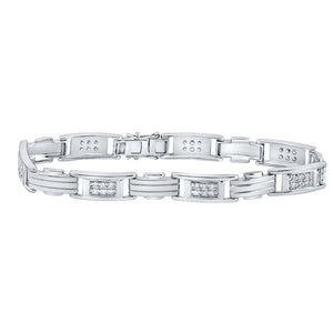 10kt White Gold Mens Round Diamond Rectangle Link Fashion Bracelet 1 Cttw