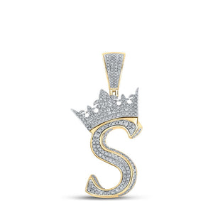 10kt Two-tone Gold Mens Round Diamond Crown S Letter Charm Pendant 1-1/5 Cttw
