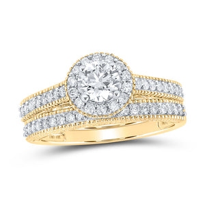 10kt Yellow Gold Round Diamond Halo Bridal Wedding Ring Band Set 1 Cttw