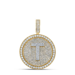 10kt Two-tone Gold Mens Round Diamond T Letter Circle Charm Pendant 3-7/8 Cttw