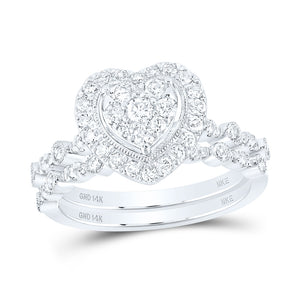 14kt White Gold Round Diamond Heart Bridal Wedding Ring Band Set 5/8 Cttw