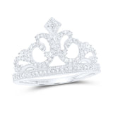 10kt White Gold Womens Round Diamond Fleur Crown Tiara Fashion Ring 1/5 Cttw