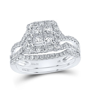 14kt White Gold Princess Diamond Square Bridal Wedding Ring Band Set 1-1/2 Cttw