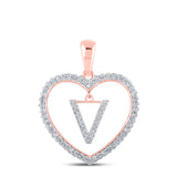 10kt Rose Gold Womens Round Diamond Heart V Letter Pendant 1/4 Cttw