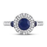 14kt White Gold Womens Round Blue Sapphire Diamond Halo Ring 1-3/4 Cttw
