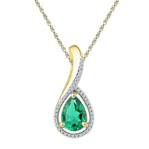 10kt Yellow Gold Womens Pear Synthetic Emerald Solitaire Diamond Pendant 2 Cttw
