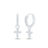 10kt White Gold Womens Round Diamond Cross Hoop Dangle Earrings 1/8 Cttw