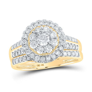 10kt Yellow Gold Round Diamond Halo Bridal Wedding Ring Band Set 1 Cttw