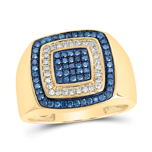 10kt Yellow Gold Mens Round Blue Color Treated Diamond Square Ring 3/4 Cttw