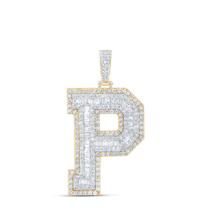 10kt Yellow Gold Mens Baguette Diamond P Initial Letter Charm Pendant 5-3/8 Cttw