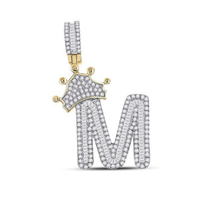10kt Yellow Gold Mens Baguette Diamond Crown M Letter Charm Pendant 7/8 Cttw