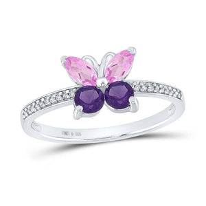 Sterling Silver Womens Round Synthetic Amethyst Butterfly Ring 7/8 Cttw