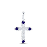 10kt White Gold Womens Round Blue Sapphire Diamond Cross Pendant 1/4 Cttw